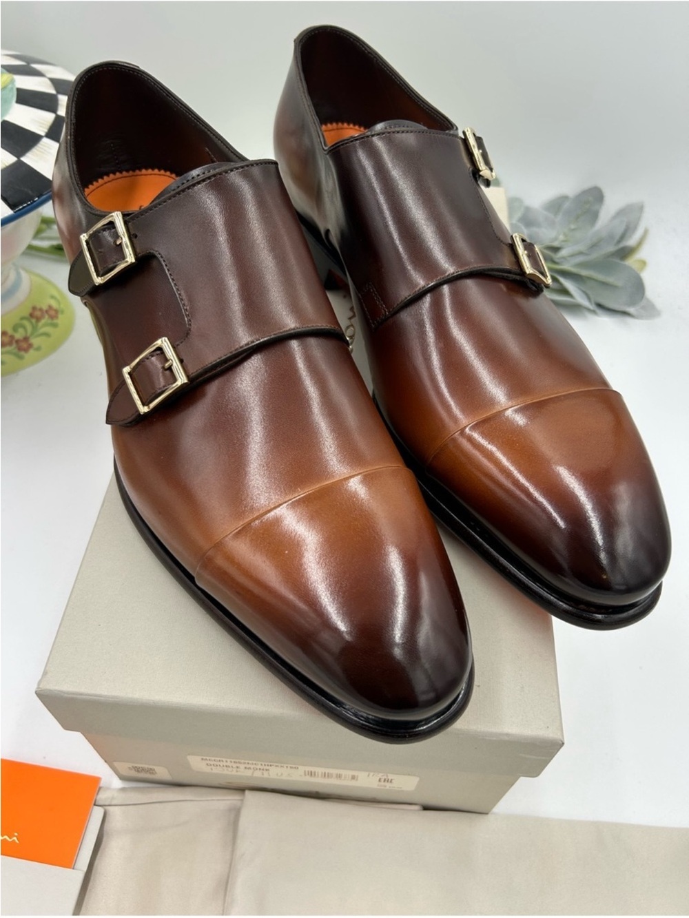 Men’s Santoni Ira double monk strap BURNISHED leather Oxford, size 11 US
